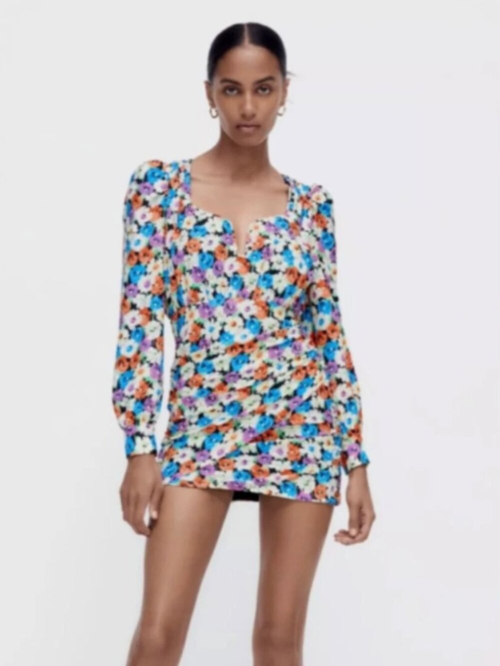 Floral Long Sleeve Ruched Mini Dress